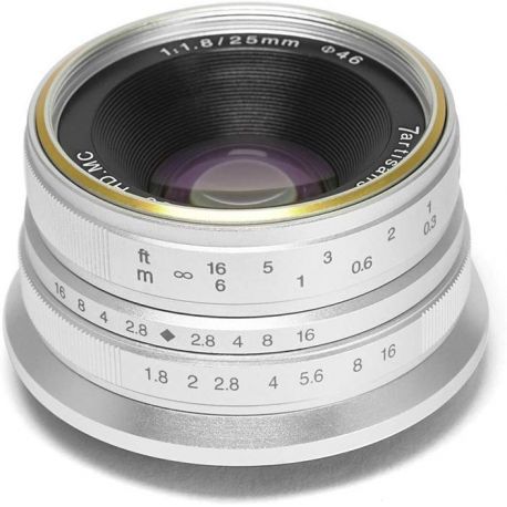 Obiettivo grandangolare 7Artisans 25mm F1.8 per fotocamere Canon attacco EF-M Silver